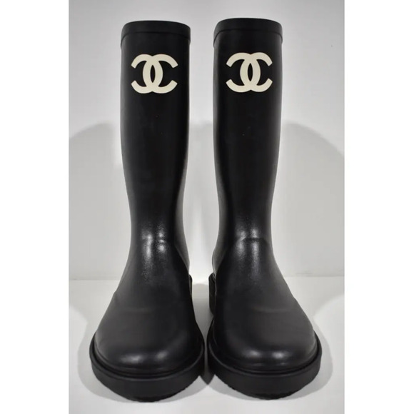 Chanel REV Black White Caoutchouc CC Logo High Pull On Rubber Rain Boots 40 - Picture 5 of 12